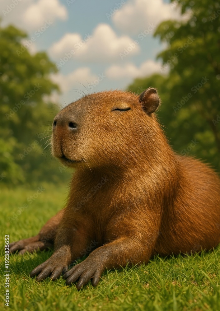 Fototapeta premium Relaxed capybara enjoying nature