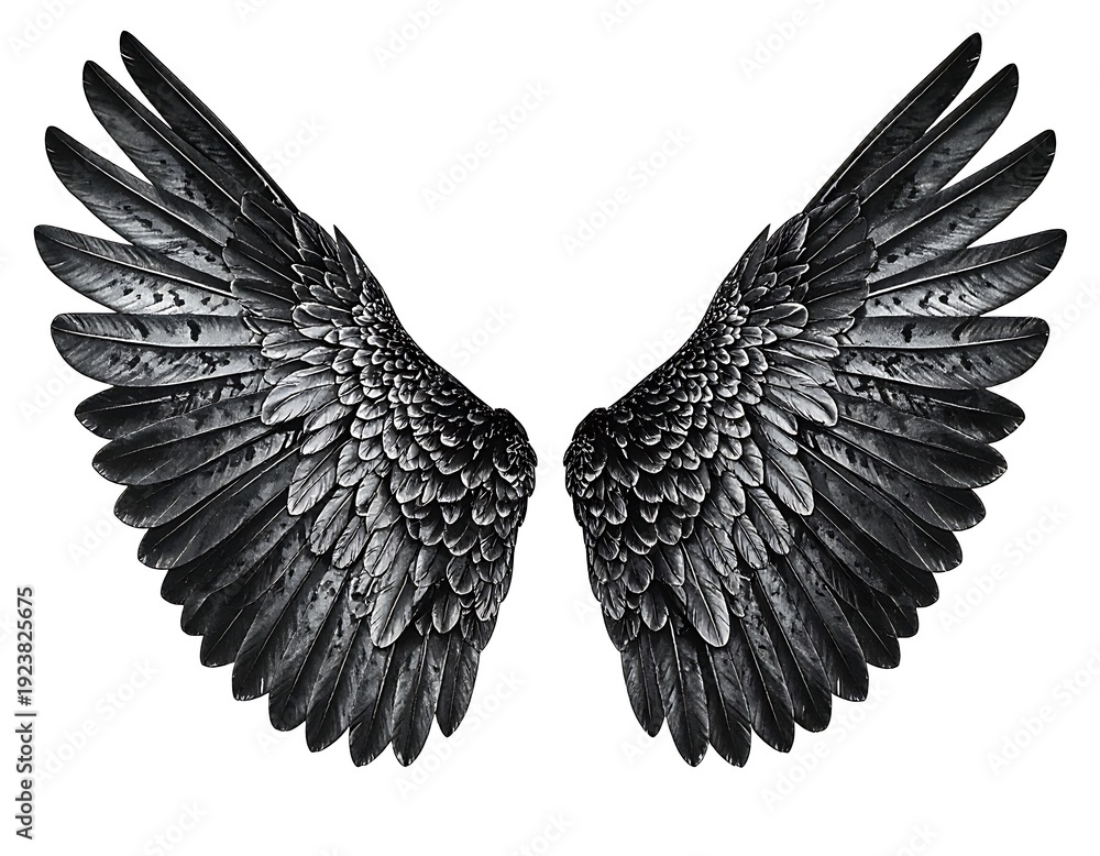Obraz premium Two dark, outstretched feathered wings with intricate detail, isolated against a plain white background