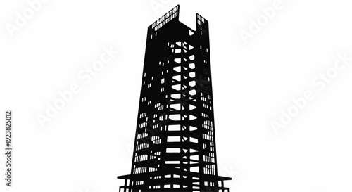 Silhouette of a modern skyscraper under construction against a white background