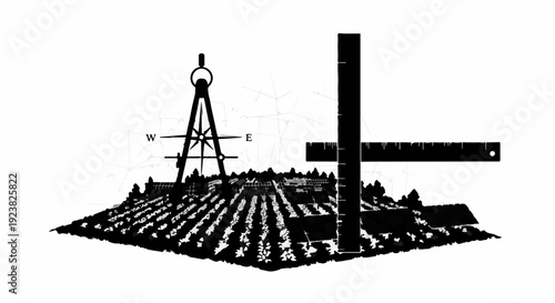 Precision measurement tools overlaying a stylized landscape representing surveying and land management.