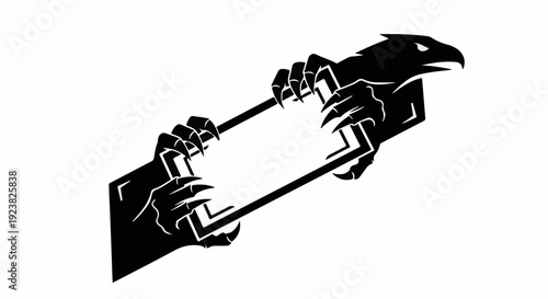 Powerful bird of prey gripping a blank digital tablet with sharp talons