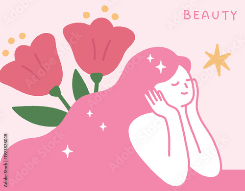 Skin care concept handdrawn illustration with beautiful woman and flowers.