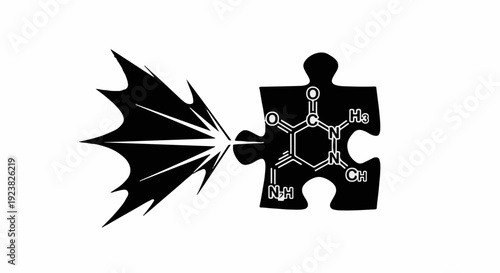 Conceptual puzzle piece with chemical structure connects to a sharp, energetic burst.