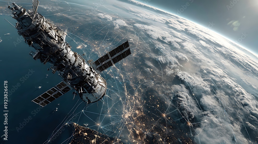 Obraz premium Futuristic satellite in orbit above planet earth with data grid illustrator