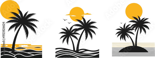 palm trees on the beach-Three Tropical Sunset Icons – Palm Trees with Ocean, Waves & Island Silhouettes for Travel, Branding & Summer Design
