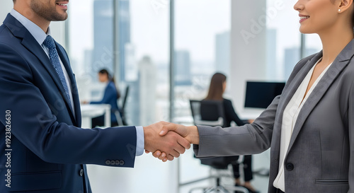 Two business professionals shaking hands in a modern office setting.