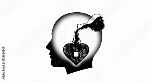 Pouring liquid into a heart-shaped circuit board within a human head silhouette, symbolizing knowledge transfer and innovation.