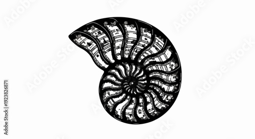 Intricate spiral nautilus shell pattern with musical notes, symbolizing nature and harmony.