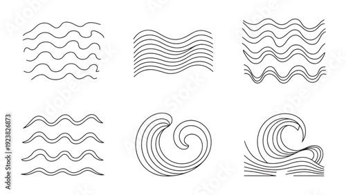 A set of serene, minimalist wave patterns created with clean lines, ideal for representing water, the ocean, and fluid motion in a calming, modern aesthetic.