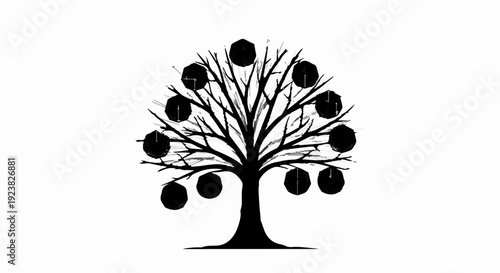 Striking silhouette of a bare tree adorned with round fruits against a clean white background