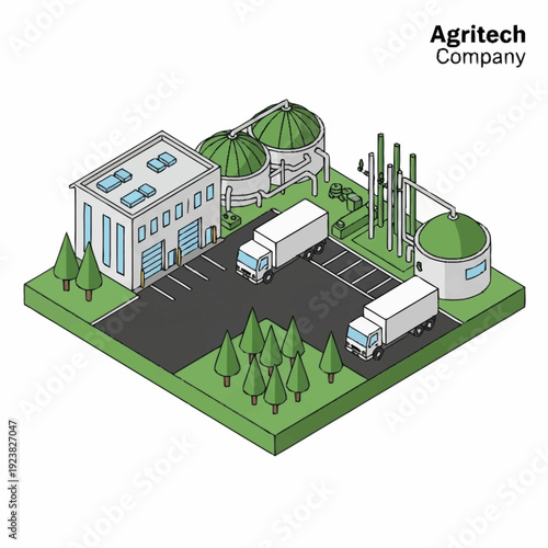 Isometric view of Agritech Company facility with trucks and storage tanks.