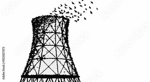 Flock of birds takes flight from industrial cooling tower against white background
