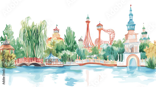Tivoli Gardens. Tivoli Gardens watercolor vector illustration