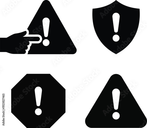 Set of hazard warning and security alert icons with exclamation mark symbols. Triangle, shield, and octagon shapes for alert notifications. Cybersecurity interfaces, and industrial safety signage.