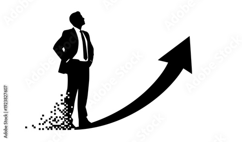 A black silhouette illustration of a 3d businessman and woman running up a success arrow vector to represent people reaching the top