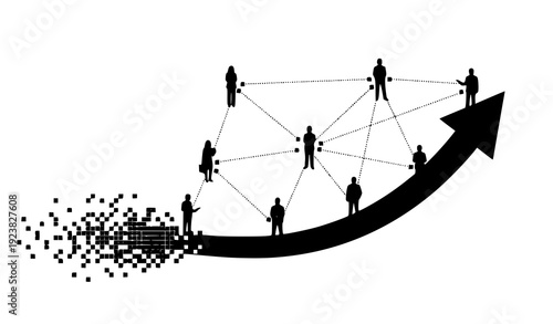 An abstract technology vector background features a black 3d network design with business icons, musical notes, and molecule formula shapes connected by communication lines and arrows