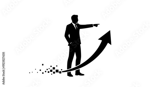 Vector illustration of a businessman silhouette with an arrow pointing up as a black shadow concept icon for business people