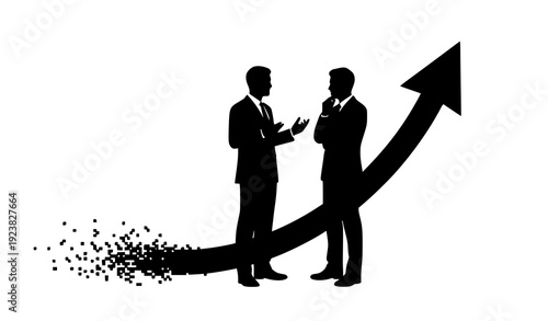 A silhouette illustration of a businessman standing before a rising business graph and arrow vector with professional people and a shadow person