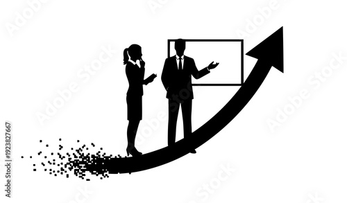 A silhouette of a businessman standing before a 3d success arrow and a growth graph represents a creative teamwork concept in this professional black vector art illustration
