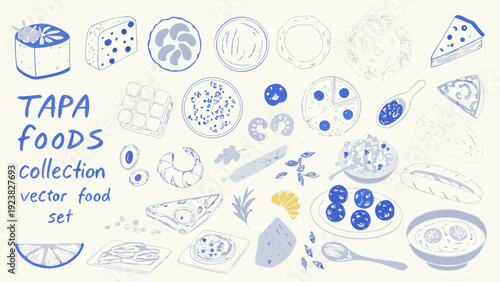 Collection of tapa foods vector illustrations featuring croquettes cheese and various spanish dishes in blue monochrome style