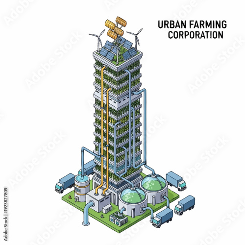 Futuristic urban farming corporation building with sustainable design.