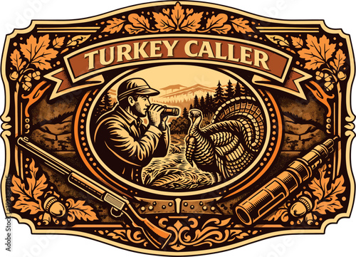 Turkey Caller Hunter Vintage Belt Buckle Vector