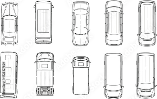 Top view vehicle blueprint set, detailed car and van outline collection for automotive design, transport illustration reference pack