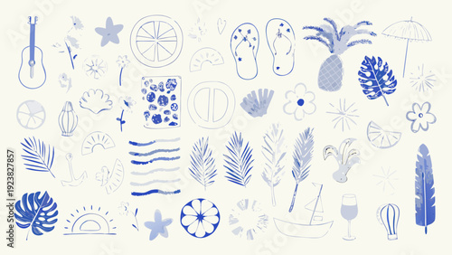 Mediterranean spanish vibe flat vector collection featuring tropical leaves fruits and summery elements in blue and white on a beige background