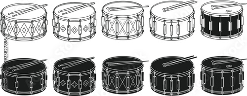 Snare drum vector illustration set, marching band percussion instrument with drumsticks isolated black and white outline collection