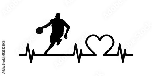 Basketball heartbeat silhouette. Athlete icon symbol design. Minimalist sports graphic. Isolated on white background.