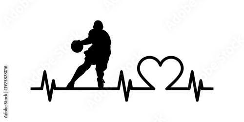 Basketball player heartbeat silhouette. Heart rate EKG pulse icon symbol design. Sport lifestyle style. Isolated on white background.