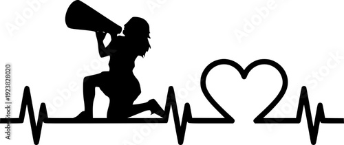 Cheerleader heartbeat silhouette. Cheer megaphone and heart EKG design. Minimalist sport icon. Isolated on white background.