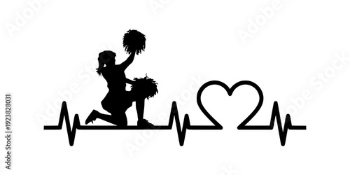 Cheerleader heartbeat silhouette. Cheerleading icon symbol design. Minimalist sport pulse. Isolated on white background.