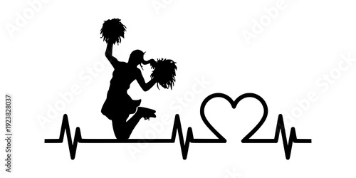 Cheerleader heartbeat silhouette. Cheerleading EKG heart icon symbol design. Minimalist sport pulse. Isolated on white background.