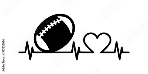 American football heartbeat silhouette. Heart pulse icon symbol design. Minimalist sports fan style. Isolated on white background.