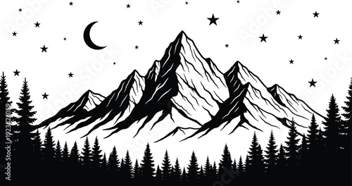 Mountain landscape silhouette illustration, night sky with stars and crescent moon over pine forest nature vector artwork