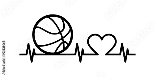 Basketball heartbeat icon. Heart pulse and sports symbol. Basketball lover design element. Vector illustration isolated on white background.