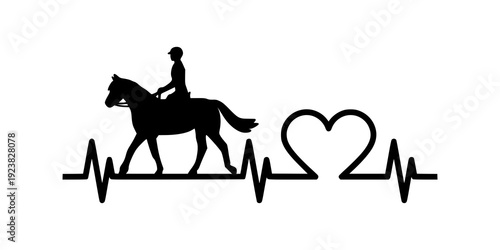 Horse rider heartbeat silhouette. Equestrian sports logo icon symbol design. Minimalist graphic isolated on white background.