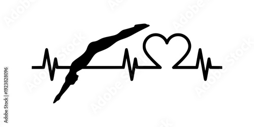 Diver silhouette. Heartbeat ECG line with heart symbol design. Swimming and diving passion. Isolated on white background.