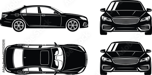 Luxury sedan multi view blueprint, detailed front side and top perspective car vector illustration for automotive design