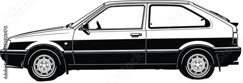 Classic hatchback car vector illustration, detailed black and white side view automotive silhouette isolated on white background