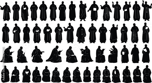 Priest and monk silhouettes collection reading bible preaching praying isolated on white background religious illustration set