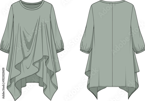 Asymmetrical women tunic dress, loose oversized blouse with draped handkerchief hem and three quarter sleeves flat vector illustration