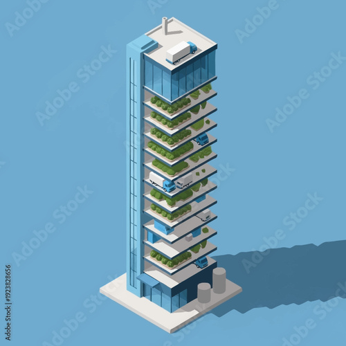 Modern high-rise building with balconies and rooftop garden.