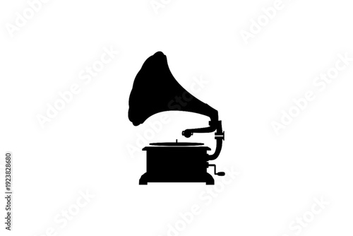 Vintage Gramophone Silhouette: A classic gramophone, rendered in elegant black silhouette, stands as a nostalgic symbol of music history and vintage design.