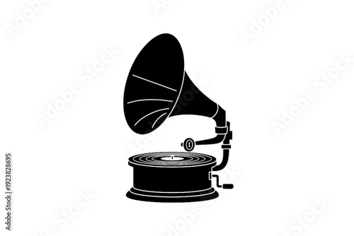 Vintage Gramophone: An old-fashioned gramophone, a symbol of a bygone era, rendered in elegant silhouette against a clean backdrop. Timeless elegance and musical history.