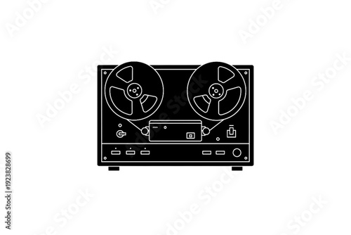 Vintage Reel-to-Reel Recorder: A nostalgic black and white illustration of a classic reel-to-reel tape recorder. This image embodies the vintage audio recording technology of a bygone era.