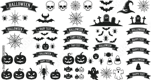Halloween silhouette set featuring pumpkins, spooky ghosts, skulls, spider webs, witches hats, cemetery graves, and decorative banners, cad drawing flat vector illustration.