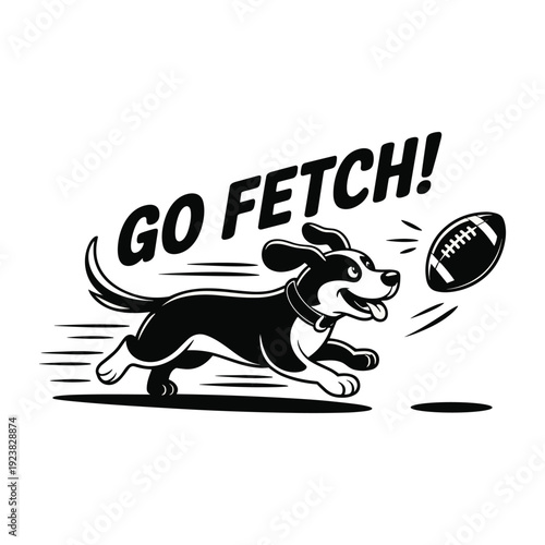 Black and white dog running after rugby ball with go fetch text animal vector illustration isolated on white background.