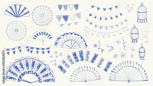 Spanish festival symbols flat illustration featuring fans bunting and lanterns in blue and white
